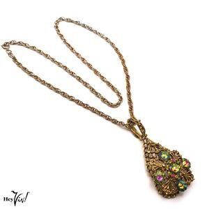 Vintage Gold Filigree Teardrop Pendant Necklace w Aurora Rhinestones – Hey Viv
